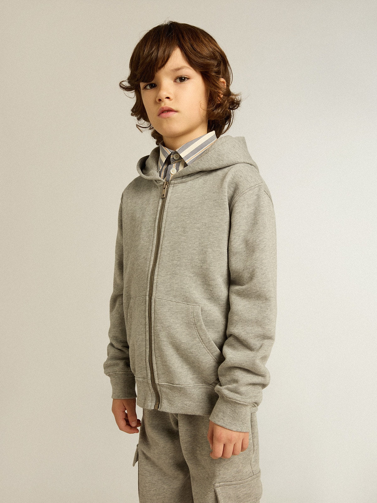 Gray melange hooded sweatshirt with print on the back | Golden Goose