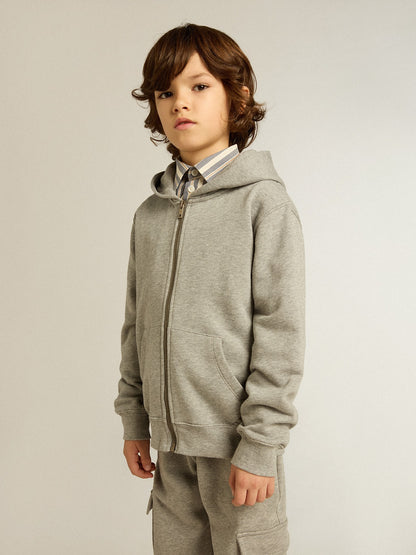 Gray melange hooded sweatshirt with print on the back | Golden Goose