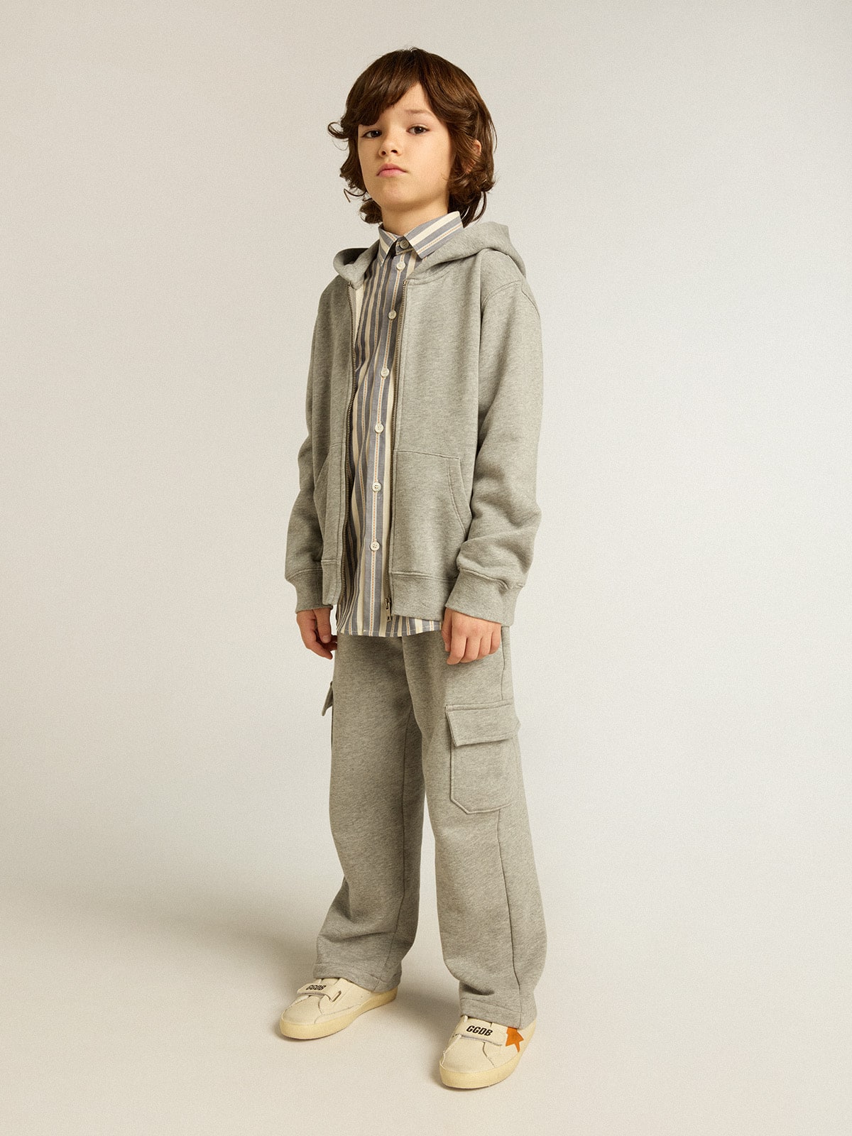 Gray melange hooded sweatshirt with print on the back | Golden Goose