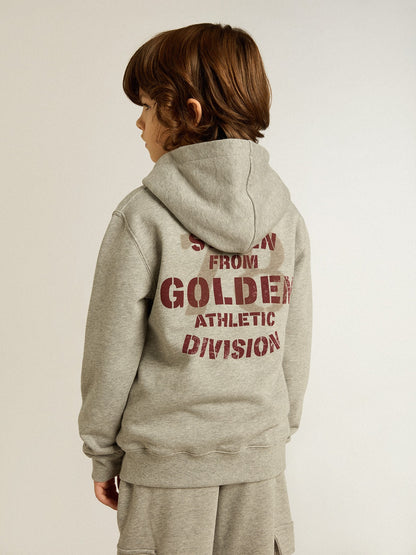 Gray melange hooded sweatshirt with print on the back | Golden Goose