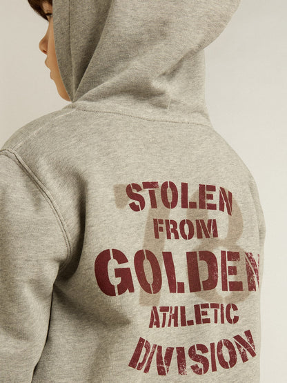 Gray melange hooded sweatshirt with print on the back | Golden Goose