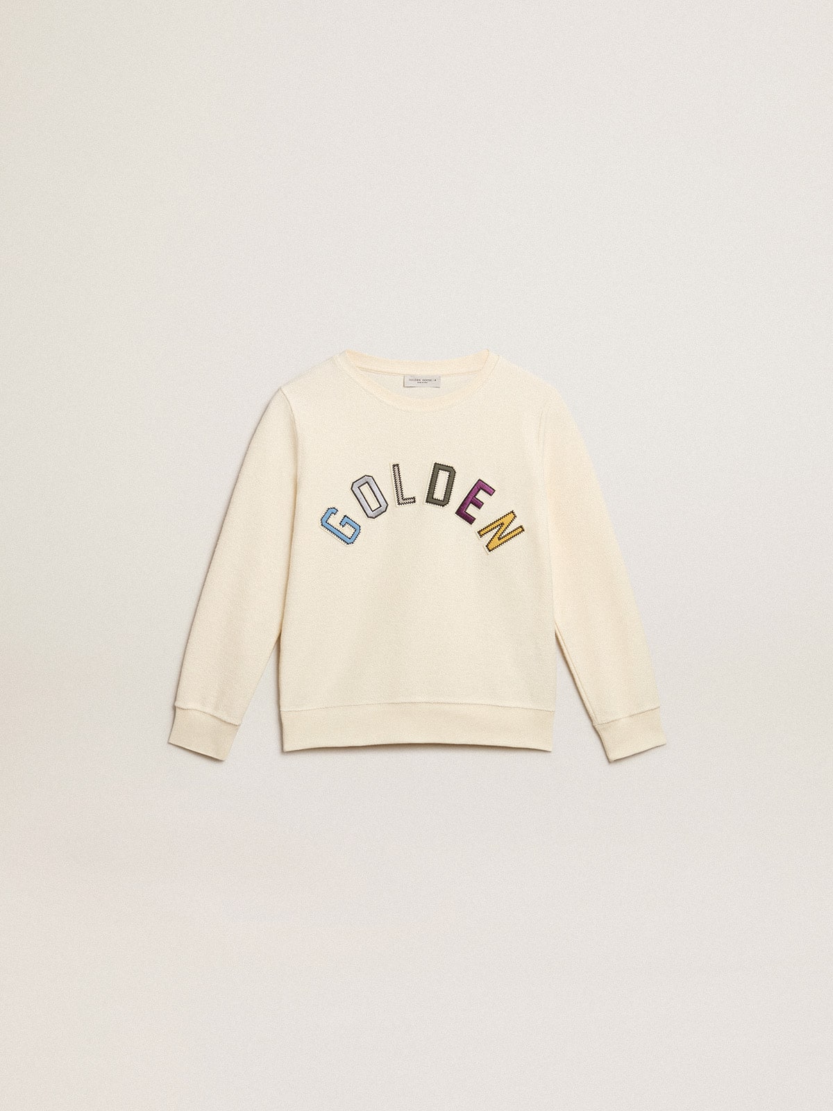 Sweatshirt in aged white with multicolor Golden lettering on the front | Golden Goose