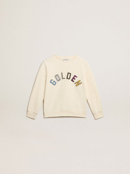 Sweatshirt in aged white with multicolor Golden lettering on the front | Golden Goose