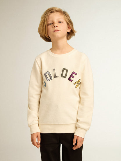 Sweatshirt in aged white with multicolor Golden lettering on the front | Golden Goose