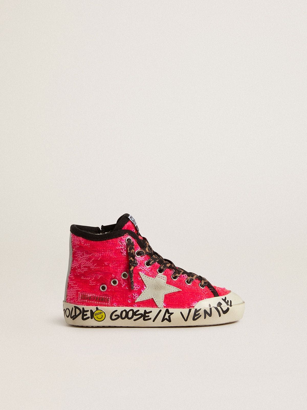 Junior Francy in sequins with ice-gray suede star and animal-print laces | Golden Goose