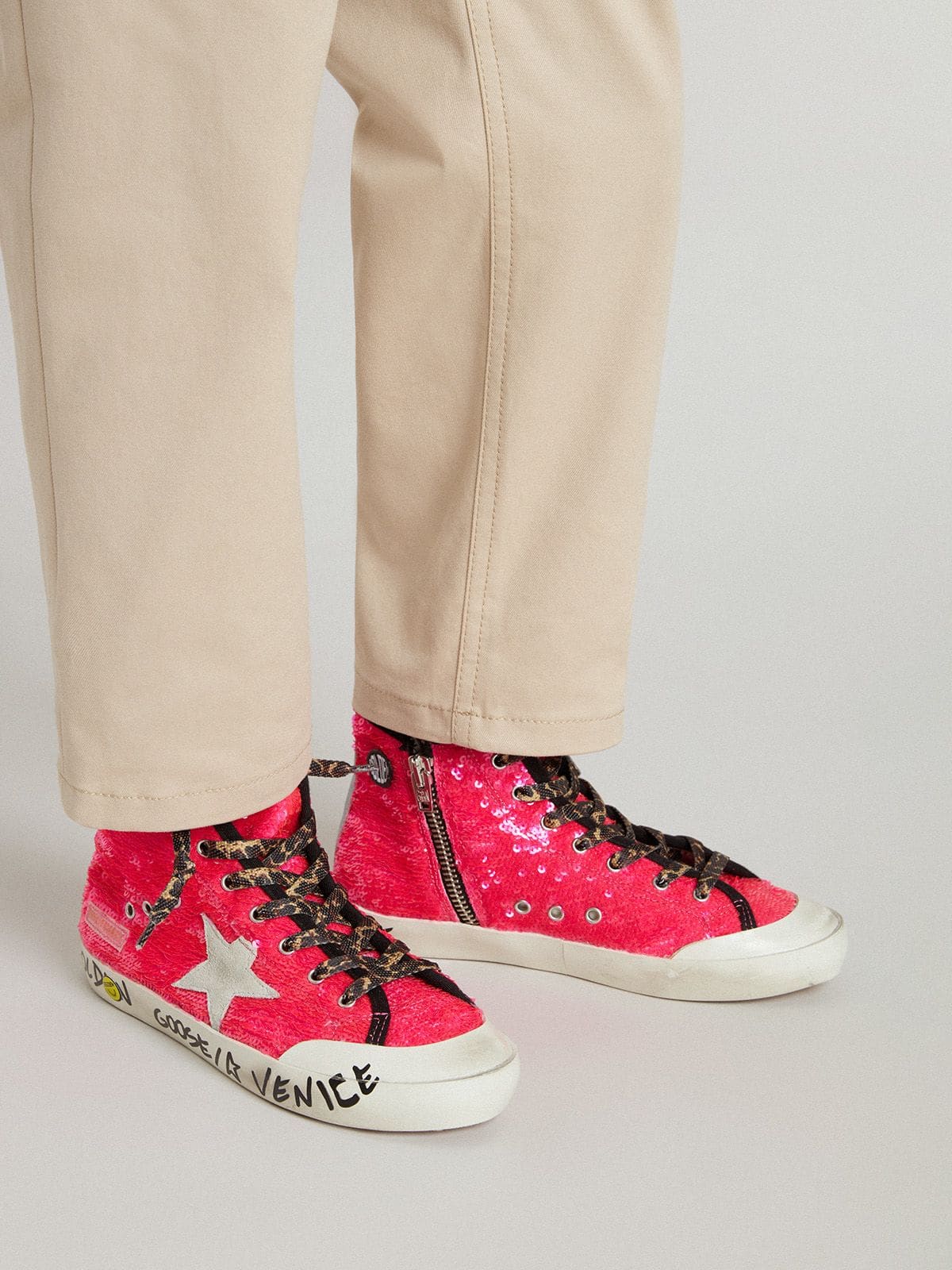 Junior Francy in sequins with ice-gray suede star and animal-print laces | Golden Goose