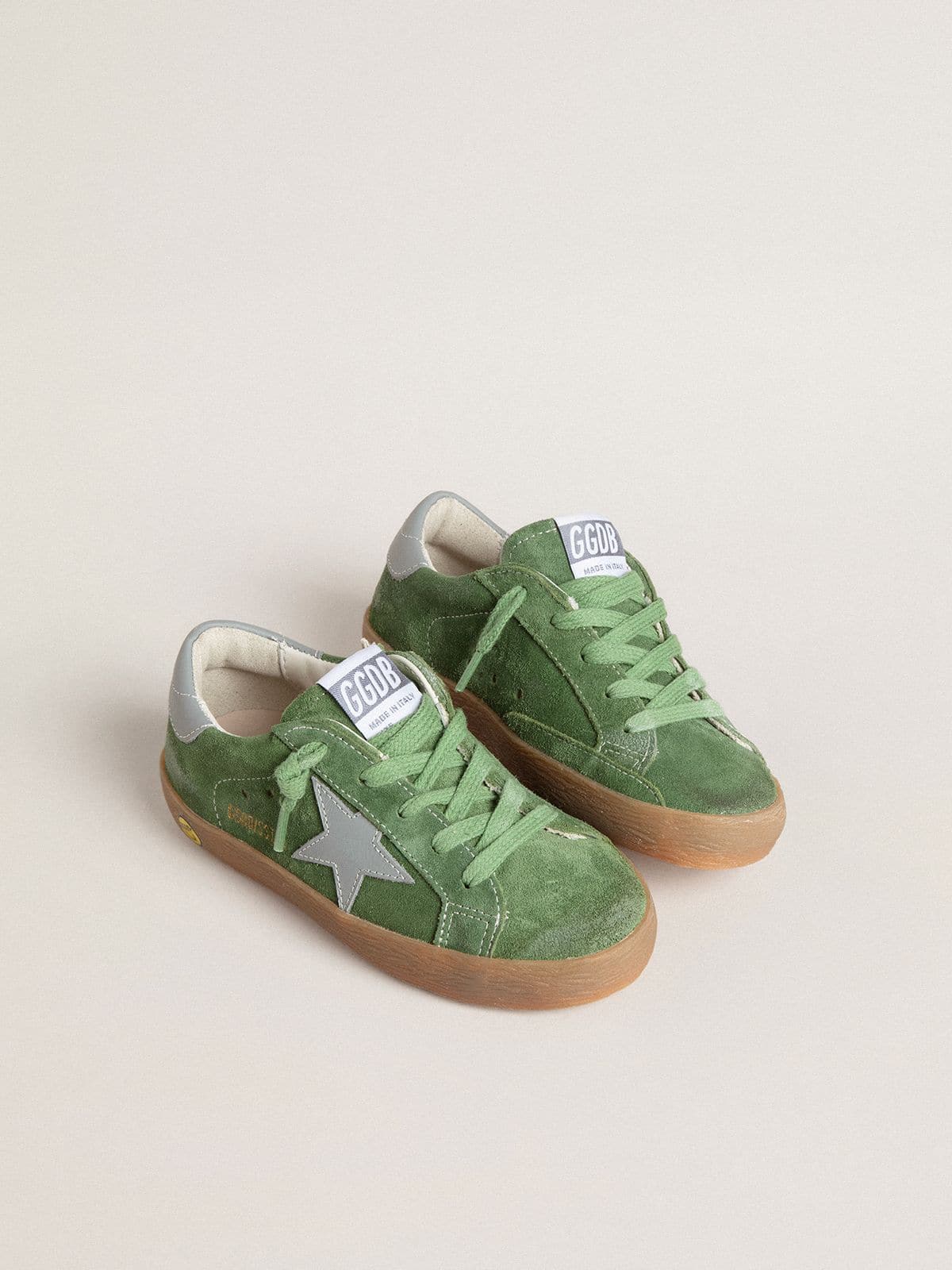 Junior Super-Star in green suede with baby blue star and heel tab | Golden Goose