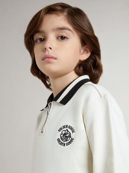 Kids white cotton polo sweatshirt with embroidery on the chest and print on the back | Golden Goose