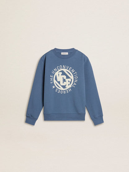 Kids’ blue sweatshirt with white embossed patches | Golden Goose